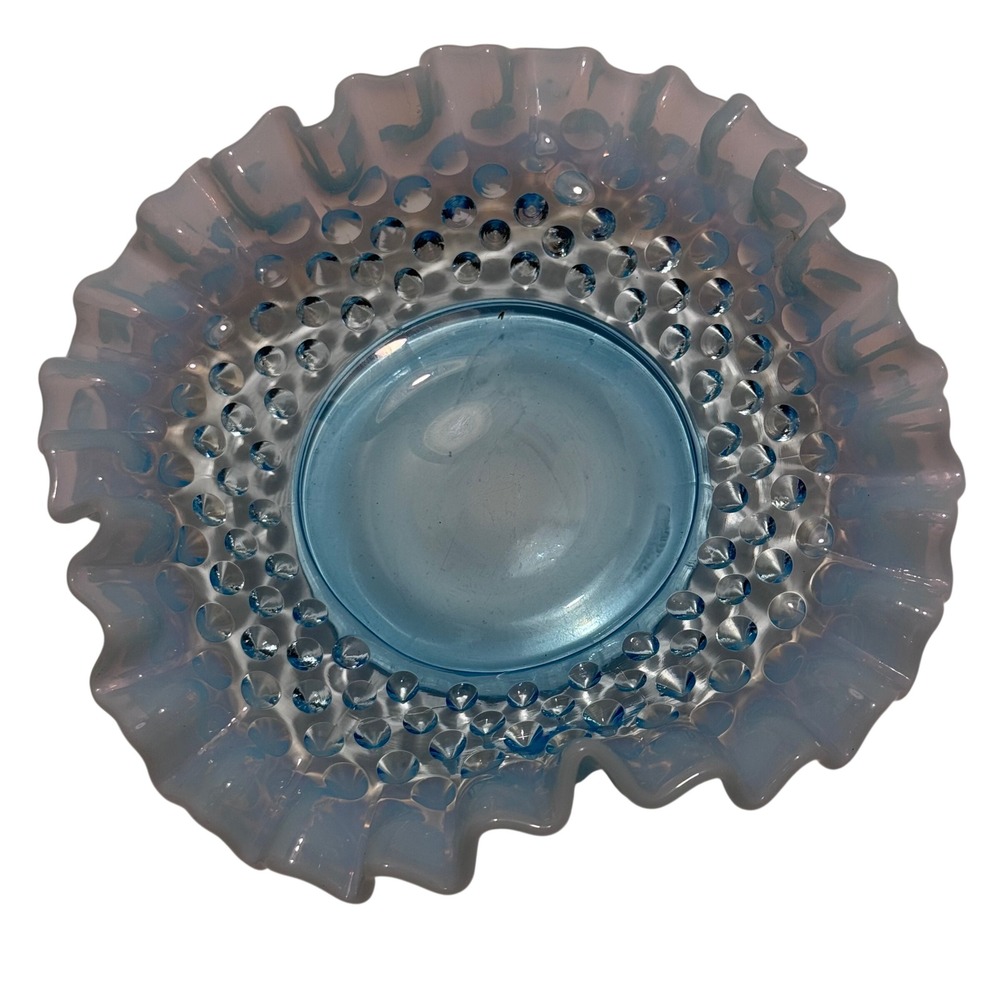 Fenton Hobnail Bowl Unisex 6" Blue Opalescent Ruffled Edge Vintage Art Glass